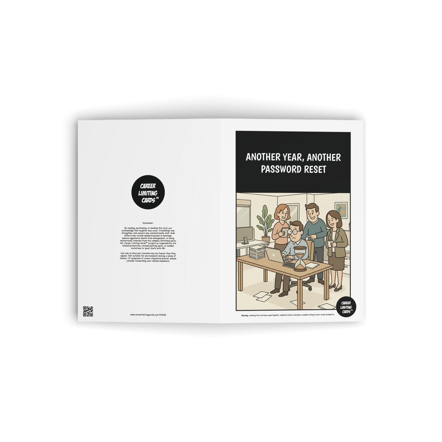 Comic book page with a cartoon illustration of a family at a desk, text 'Another year, another password reset', and a QR code on a white background.