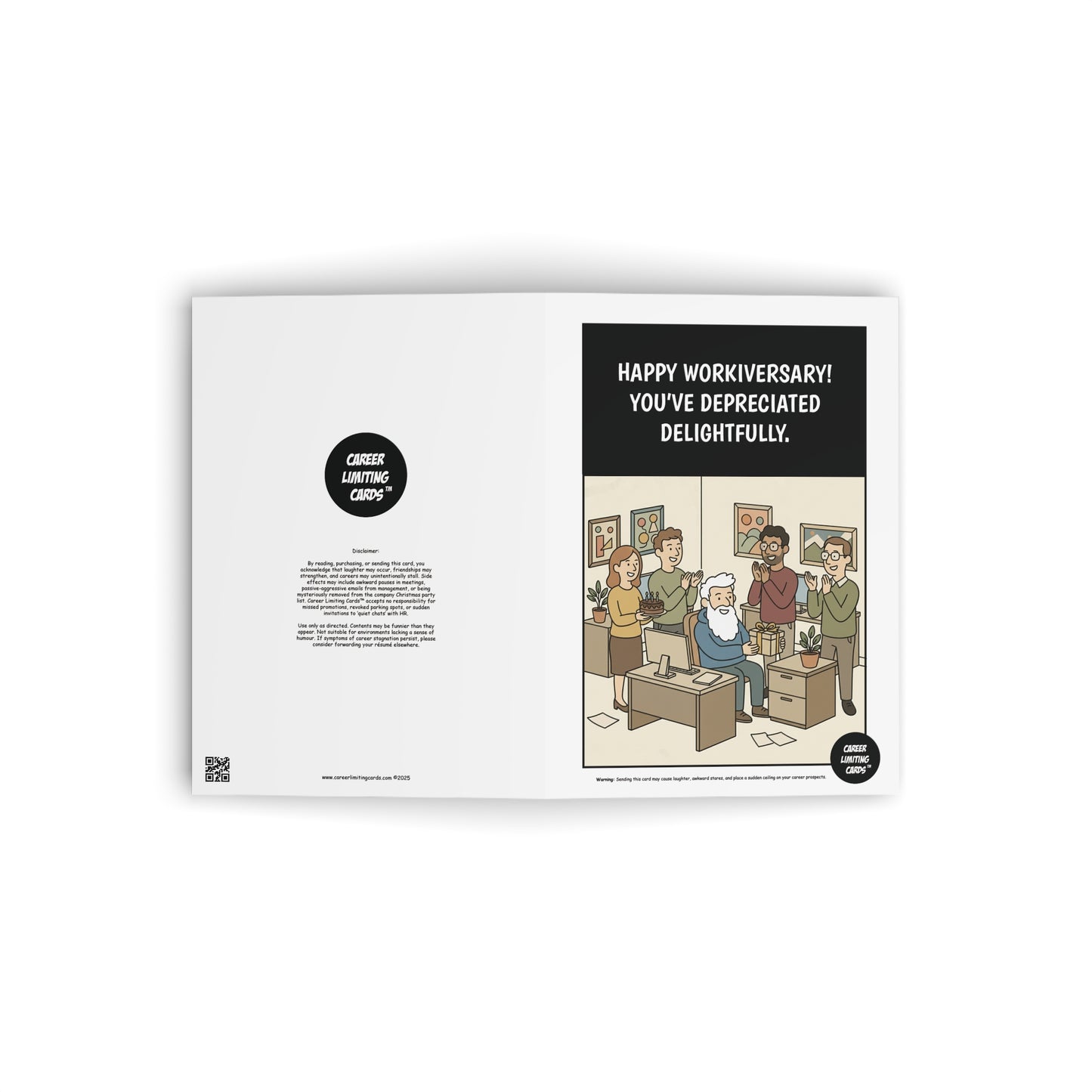 Greeting card with cartoon illustration of office scene and text 'Happy Workiversary! You've depreciated delightfully.'