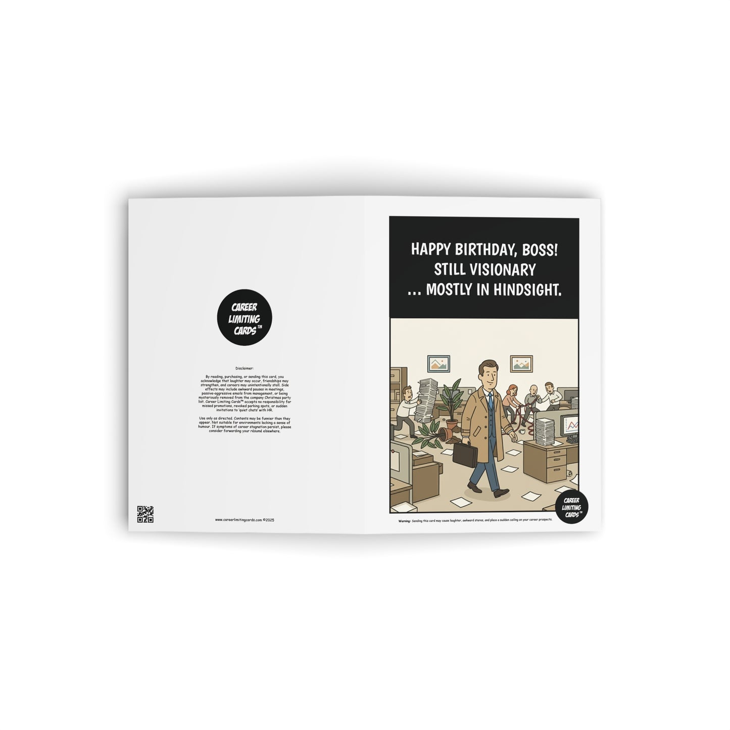 Cartoon birthday card for a boss with office scene and text.