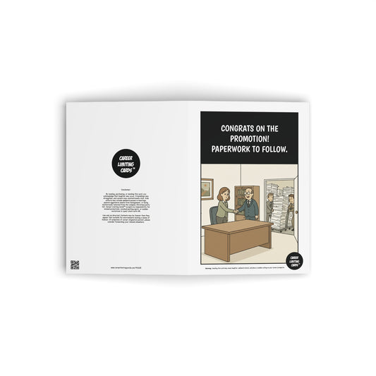 Cartoon illustration of a promotion announcement in an office setting with text on a white background.