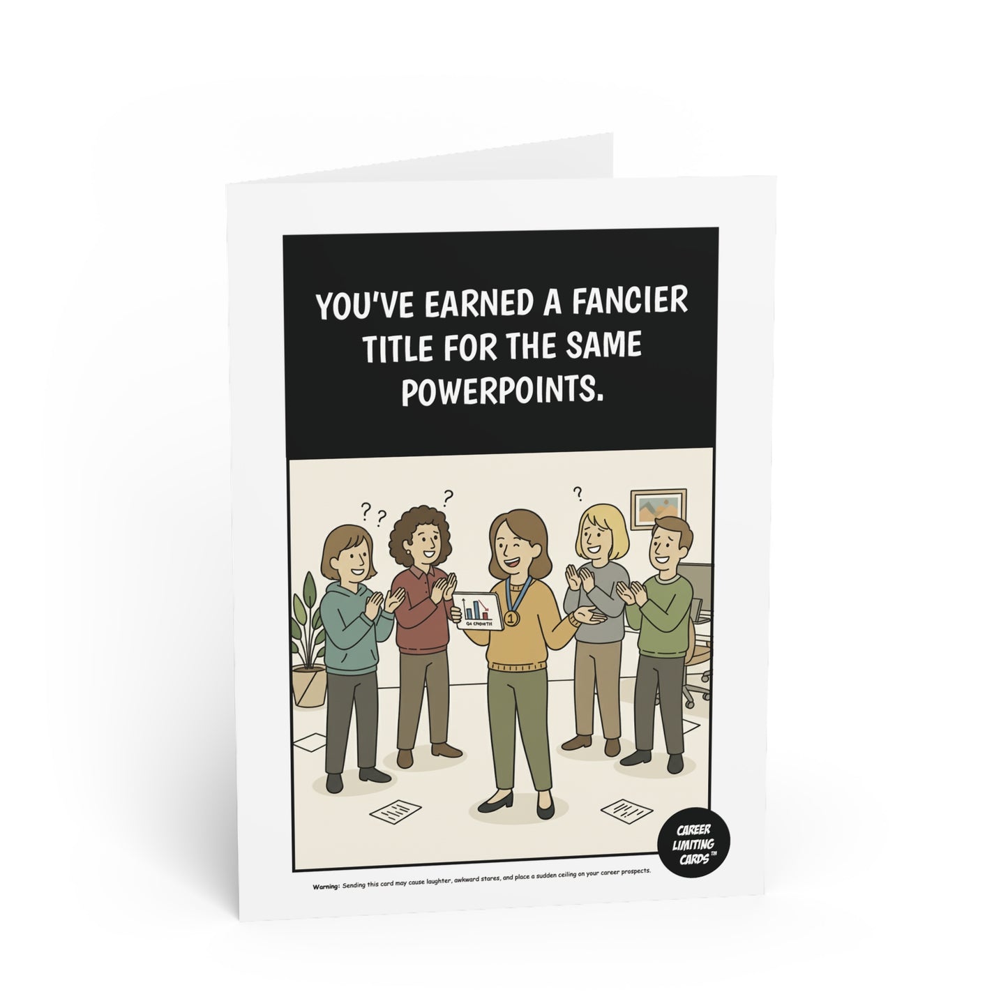 Greeting card with cartoon illustration of people and humorous text on a white background