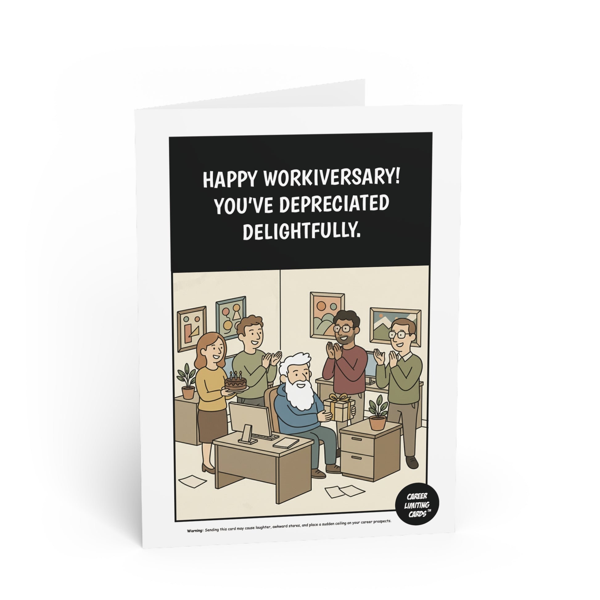Greeting card with cartoon office scene and humorous workiversary message.