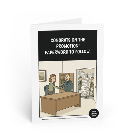 Greeting card with a cartoon office scene and humorous text about a promotion.