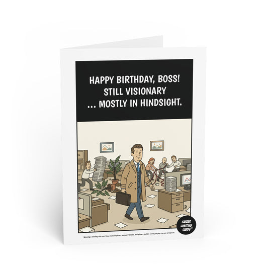 Birthday card for a boss with a cartoon office scene and humorous text.