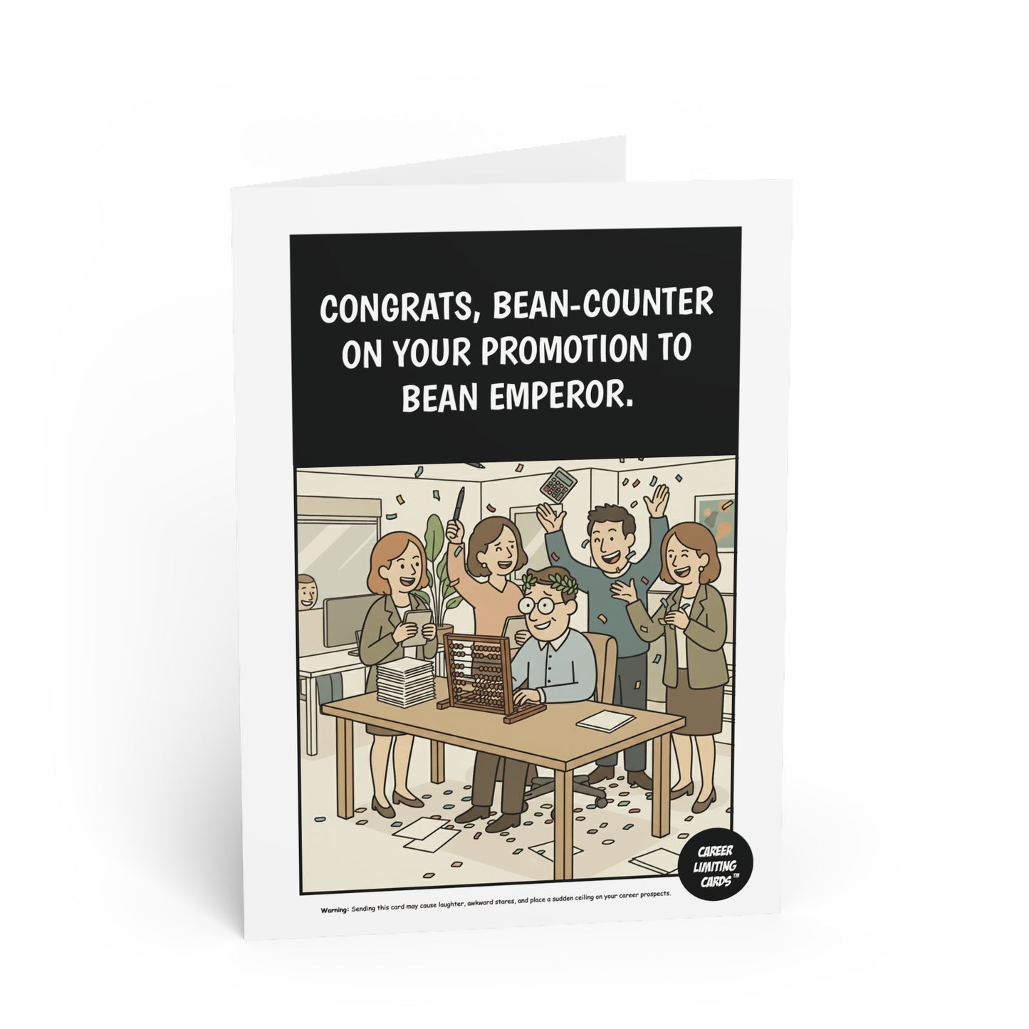 Greeting card with cartoon illustration of people celebrating a promotion, text 'Congrats, bean-counter on your promotion to bean emperor.'.