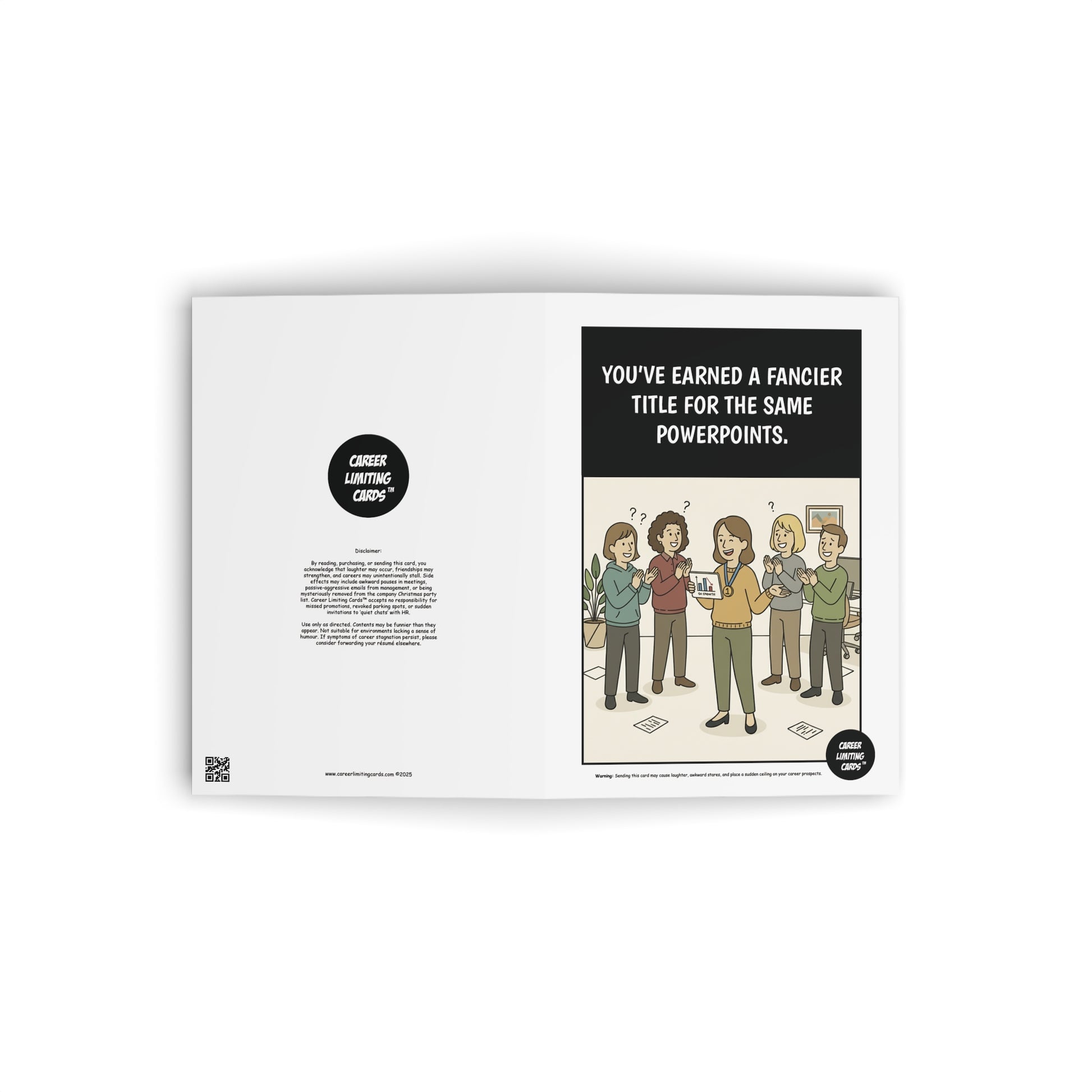 Card with cartoon illustration of people and text on a white background
