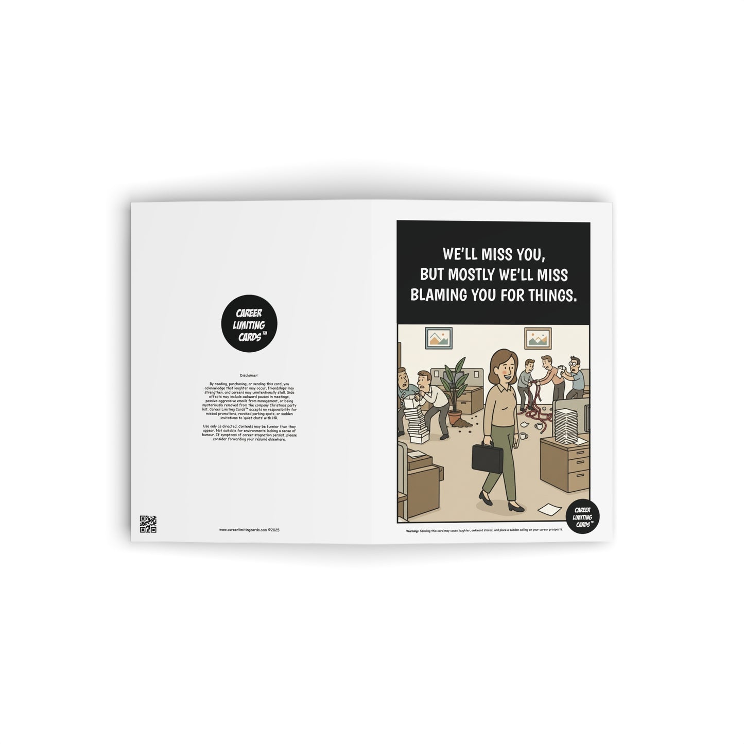 Card with a cartoon illustration of an office scene and text on a white background